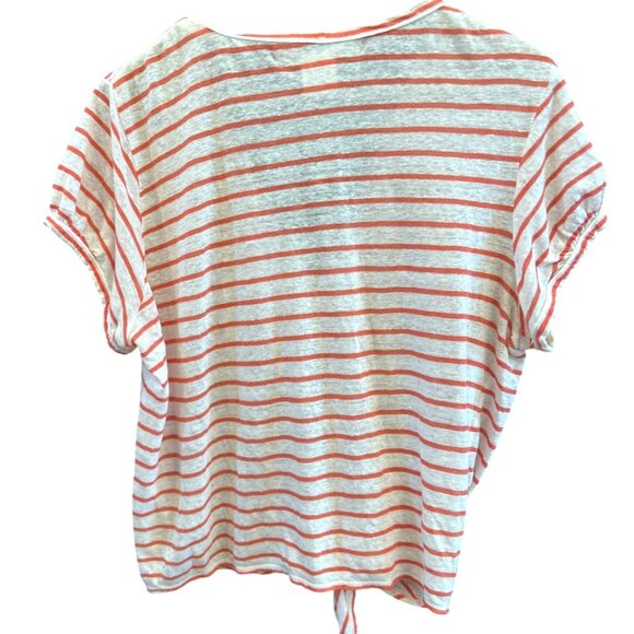Max Studio Womens White Orange Striped Nautical Tie Front Blouse XL V Neck Linen - Picture 4 of 5